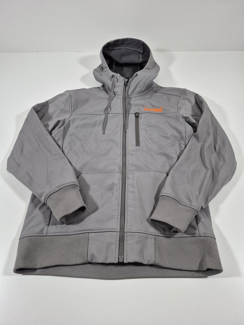 Simms Jacket Mens Small Gray Hooded Full Zip Softshell Riverbed Logo Fishing